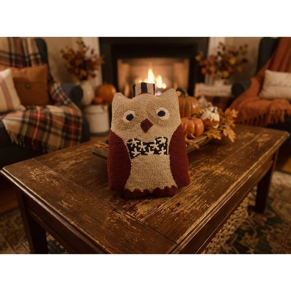 VNT Adorable Hooked Owl Pillow Rustic Farmhouse Fall Decor Accent Handmade
